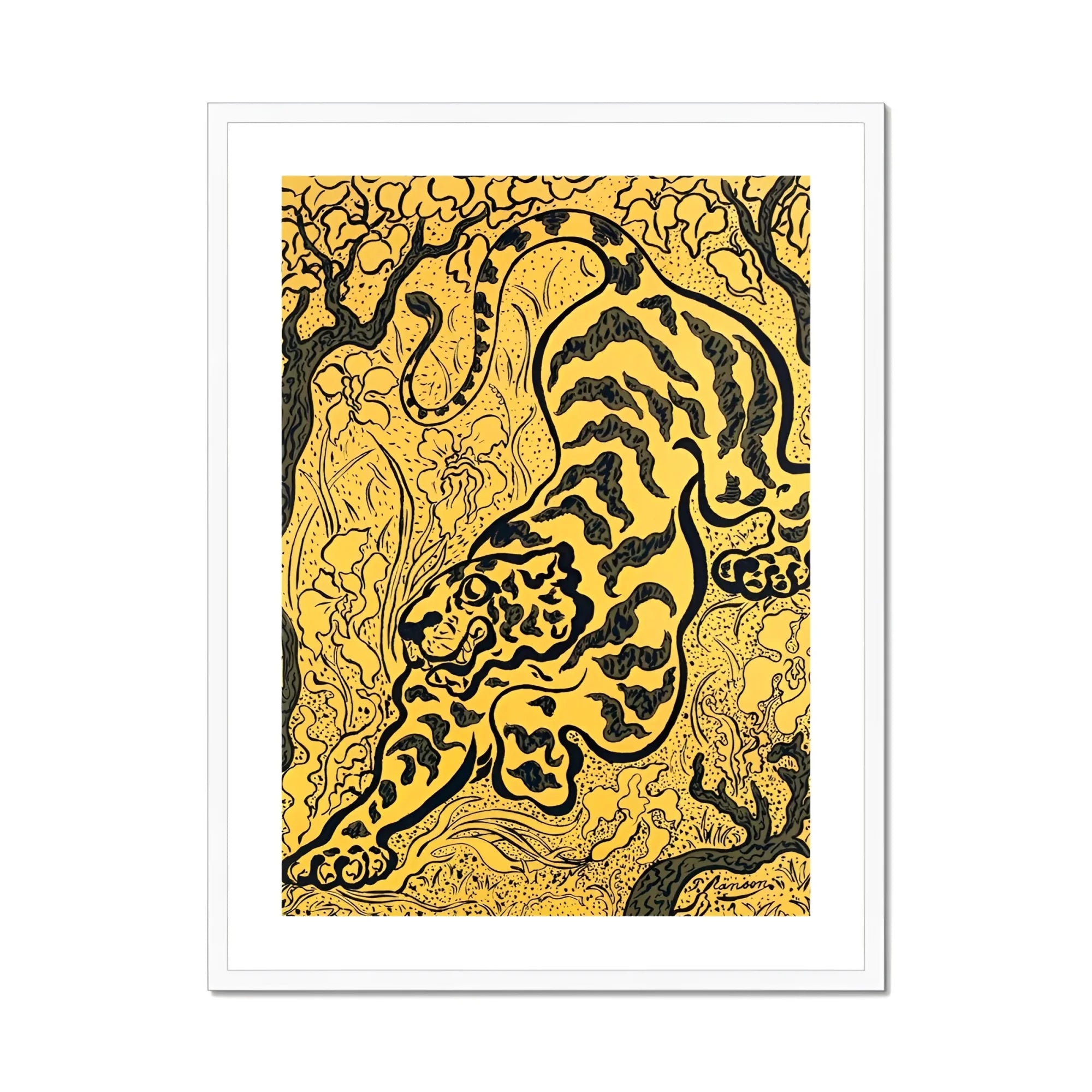 Tiger in the Jungle - Paul Ranson Art Print, Black Tiger Prowls Golden Decorative Pattern