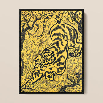 Tiger in the Jungle - Paul Ranson Art Print / Canvas Framed Artwork Stylized Black Tiger Bold Stripes Vibrant Paul Ranson’s Tiger, Leaps,