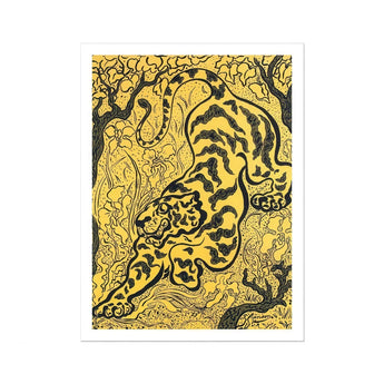 Tiger in the Jungle - Paul Ranson Art Print / Canvas Tiger Rendered Black Brushstrokes Golden Background Paul Ranson’s Tiger, Leaps, Ranson