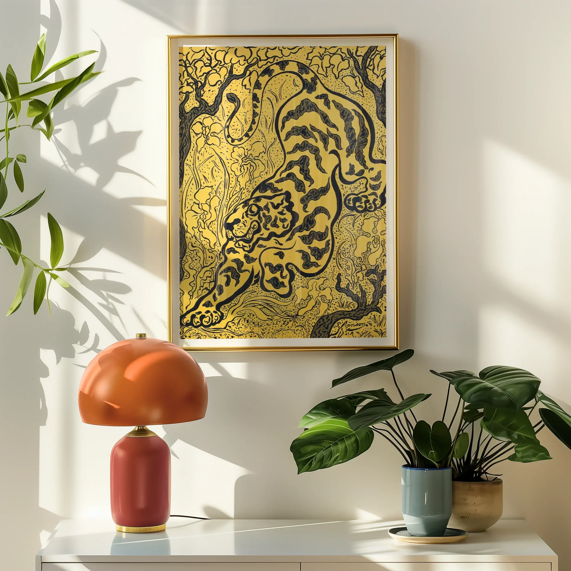 Tiger in the Jungle - Paul Ranson Art Print, Framed Artwork Stylized Tiger Gold Black Golden Background