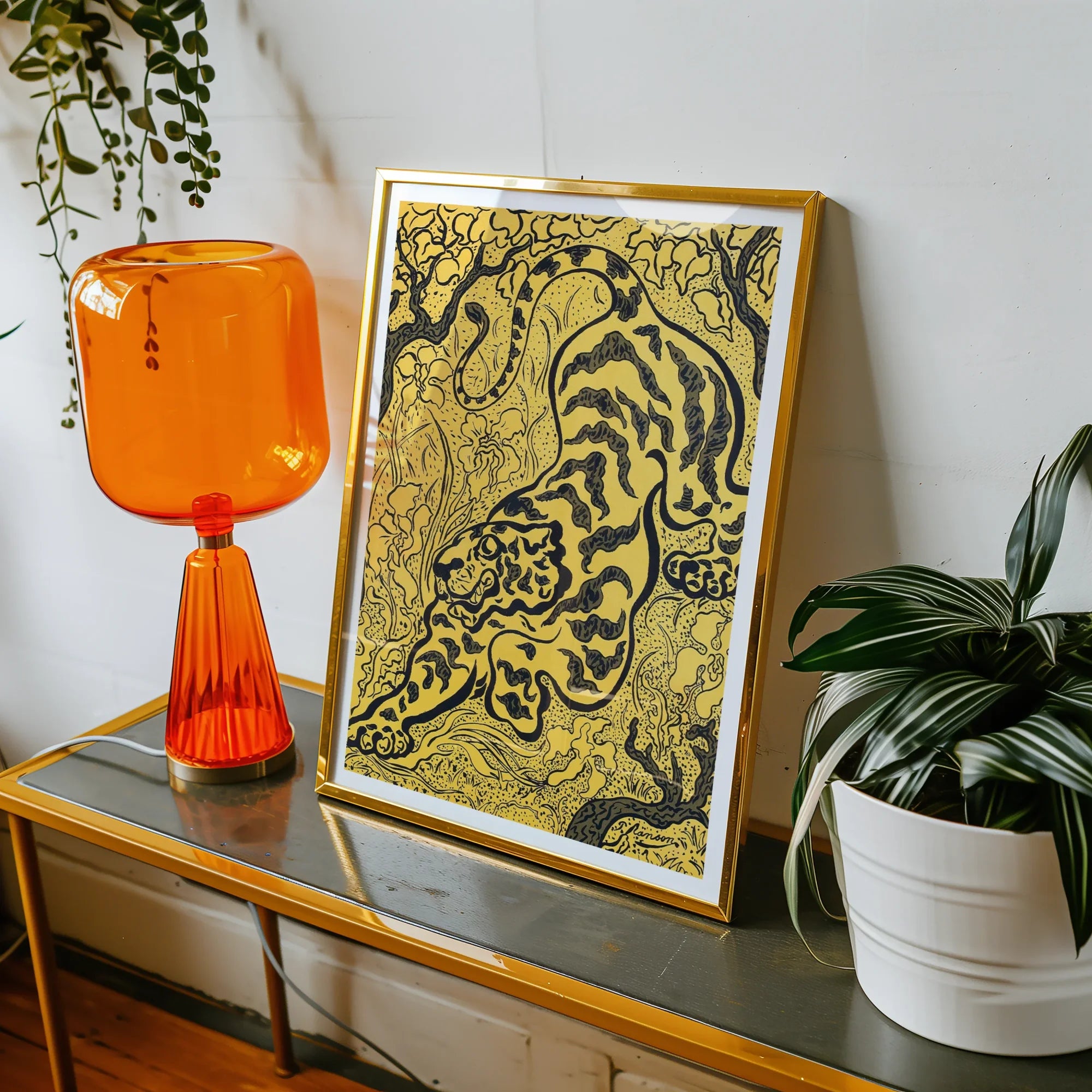 Tiger in the Jungle - Paul Ranson Art Print, Framed Gold Black Artwork Stylized Tiger Among Foliage