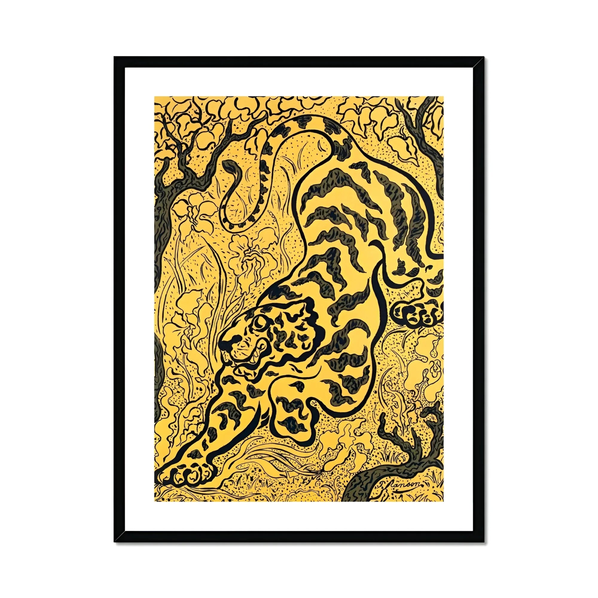 Tiger in the Jungle - Paul Ranson Art Print, Stylized Black Tiger Golden Yellow Background