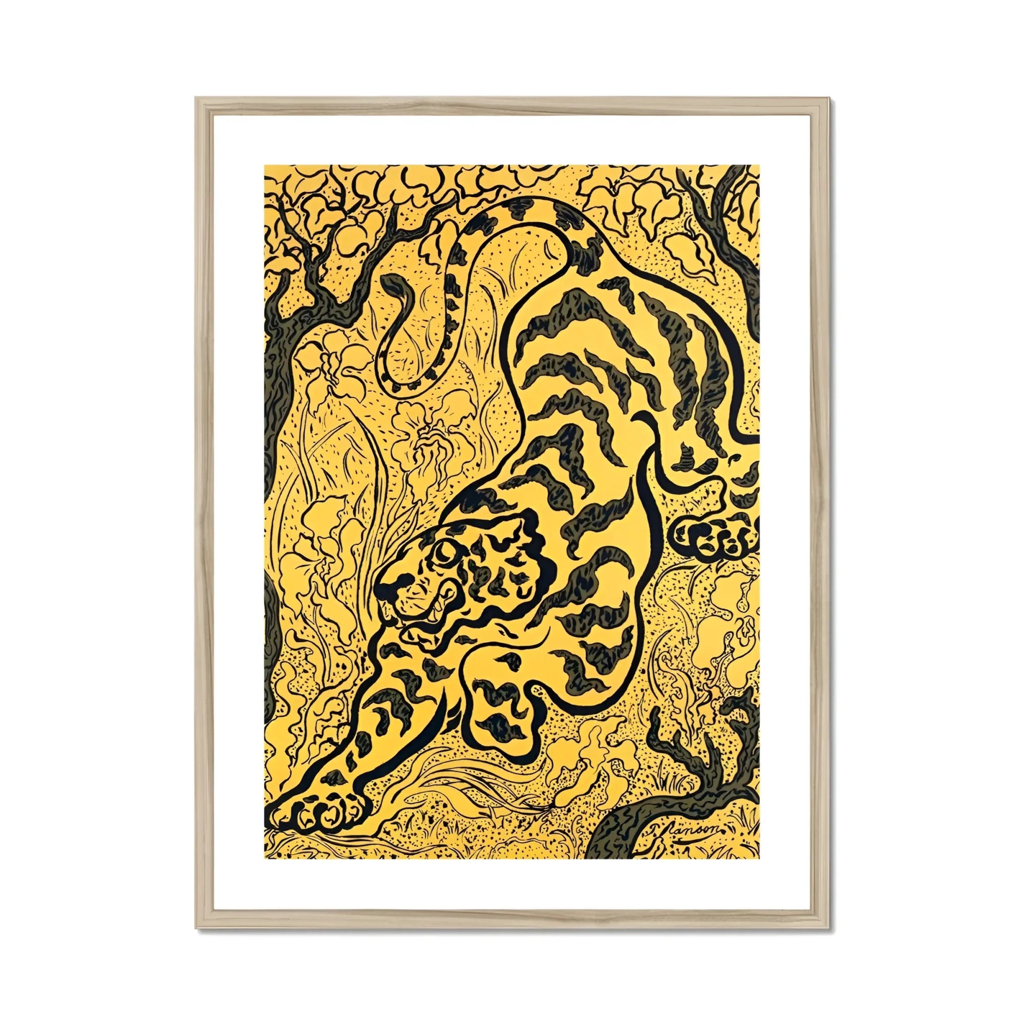 Tiger in the Jungle - Paul Ranson Art Print, Stylized Tiger Rendered Black Brushstrokes Golden Yellow Background