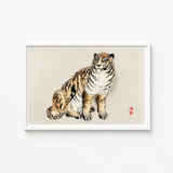 Framed Traditional Japanese Ink Wash Painting Seated Tiger Kōno Bairei’s, Meiji Era Kacho-e, Art Print