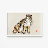 Framed Traditional Japanese-style Illustration Seated Tiger Orange Black Kōno Bairei’s, Meiji Era Kacho-e, Art Print