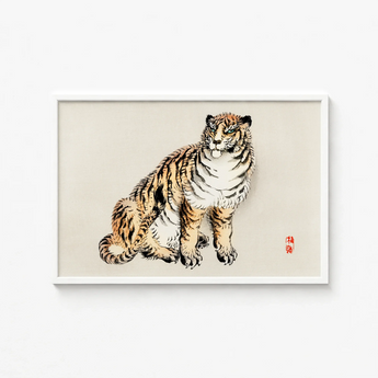 Framed Traditional Japanese-style Illustration Seated Tiger Orange Black Kōno Bairei’s, Meiji Era Kacho-e, Art Print