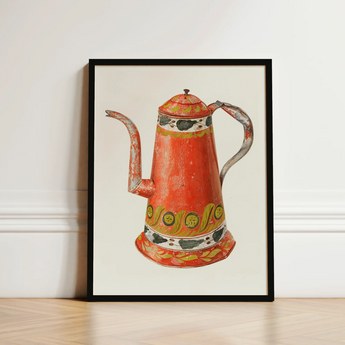 Tin Coffee Pot - Harry Grossen Kitchen Art Print / Canvas Vintage-style Orange Weathered Finish Decorative Bands 1930s, Grossen’s