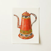 Vibrant Red Enamel Coffee Pot Decorative Green Yellow 1930s Kitchen Art, Harry Grossen’s Enchanting, Tin