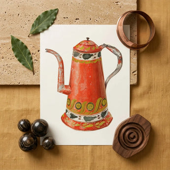 Tin Coffee Pot - Harry Grossen Kitchen Art Print / Canvas Vibrant Red Hand-painted Illustration Decorative Green 1930s, Grossen’s