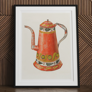 Tin Coffee Pot - Harry Grossen Kitchen Art Print, Colorful Vintage-style Coffee Pot Teapot Decorative Patterns Painted
