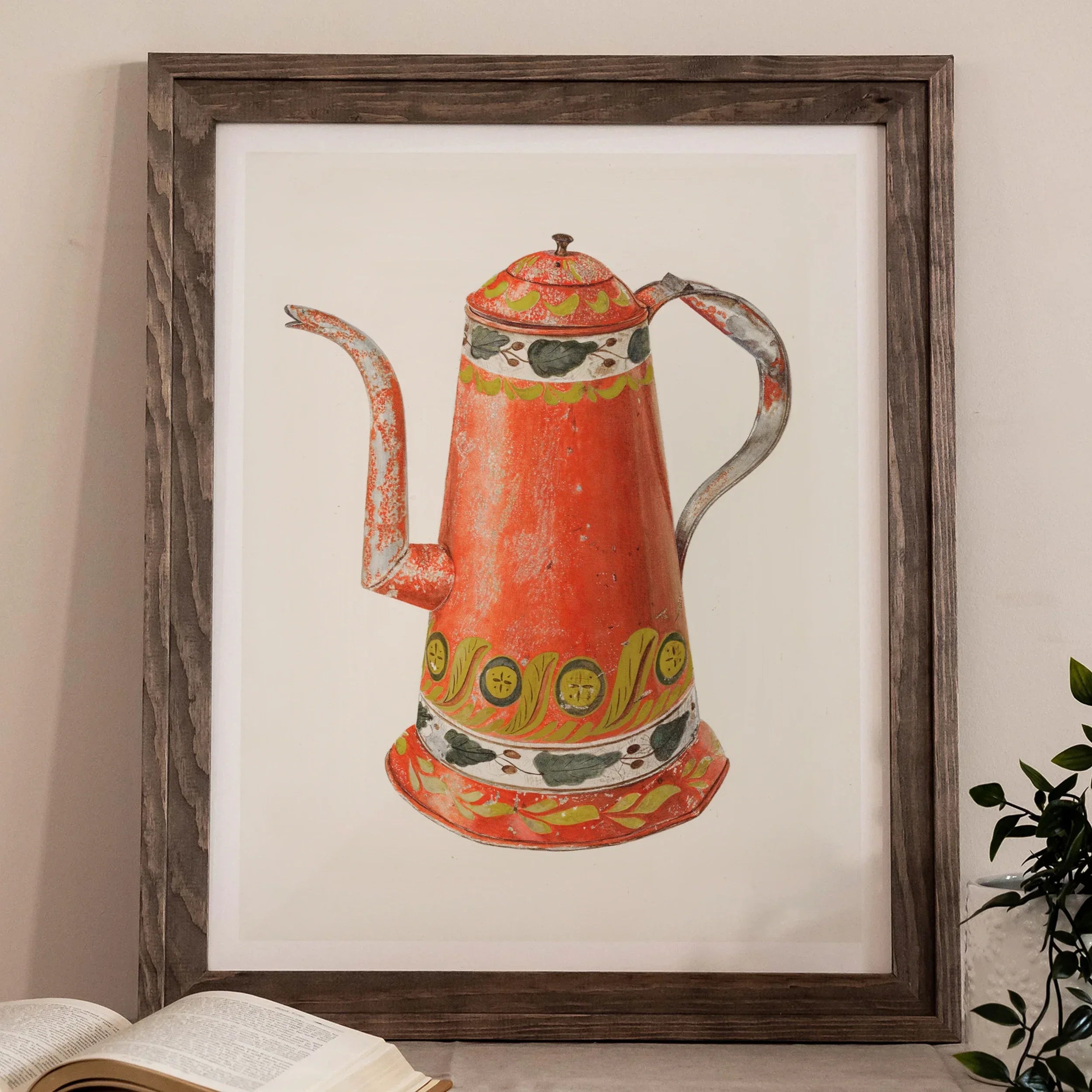 Tin Coffee Pot - Harry Grossen Kitchen Art Print, Colorful Vintage-style Coffee Pot Teapot Long Spout Decorative