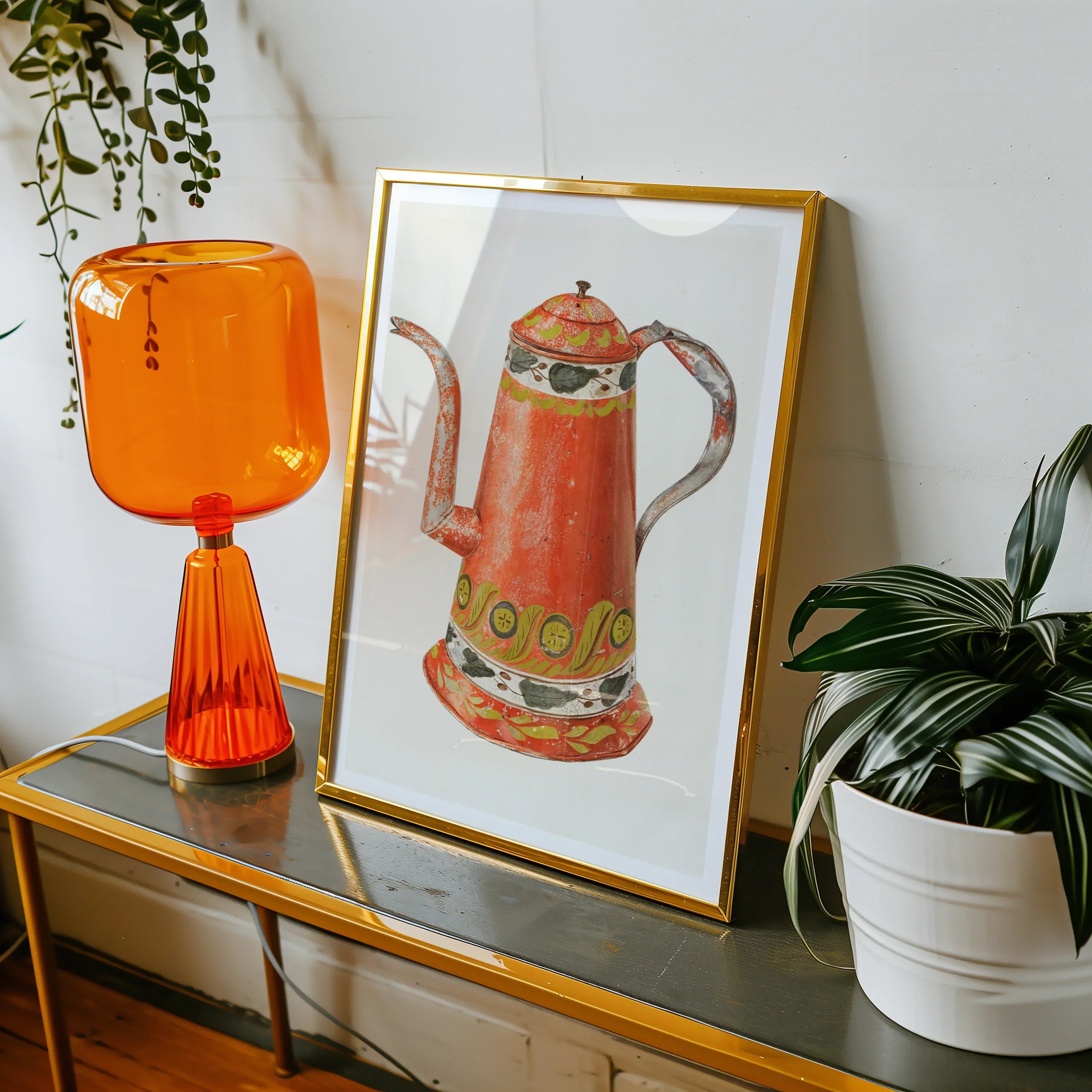 Tin Coffee Pot - Harry Grossen Kitchen Art Print, Framed Artwork Colorful Vintage Teapot Coffee Pot