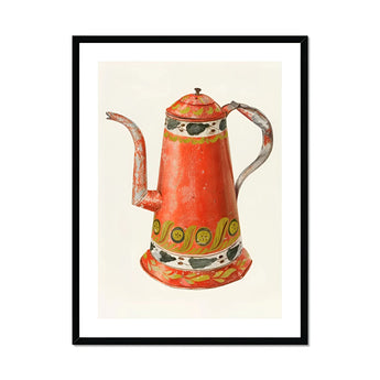 Tin Coffee Pot - Harry Grossen Kitchen Art Print, Red Decorative Coffee Pot Ornate Yellow Black Patterns