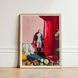 Framed Art Print Man Historical Attire Vibrant Red Queer Baroque Portraiture, Stage Lights Rake, Rose Wall
