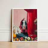 Framed Art Print Man Historical Attire Vibrant Red Queer Baroque Portraiture, Stage Lights Rake, Rose Wall