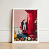 Framed Art Print Man Historical Attire Vibrant Red Queer Baroque Portraiture, Stage Lights Rake, Rose Wall