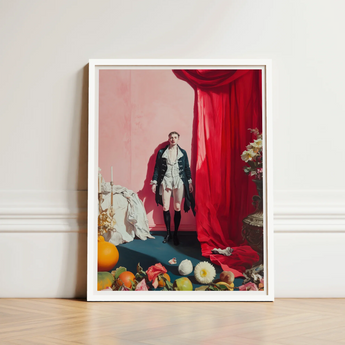 Framed Art Print Man Historical Attire Vibrant Red Queer Baroque Portraiture, Stage Lights Rake, Rose Wall