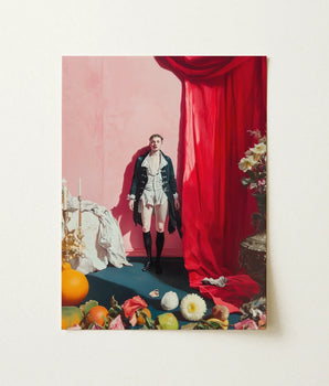 Framed Painting Man 18th-century Style Black Coat White Queer Baroque Portraiture, Stage Lights Rake, Rose Wall