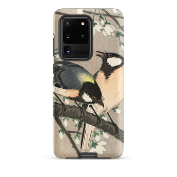 Tits on Cherry Branch - Ohara Koson Samsung Case, Galaxy S20 Ultra / Matte, Smartphone Case Illustration Two Birds Branch White Blossoms