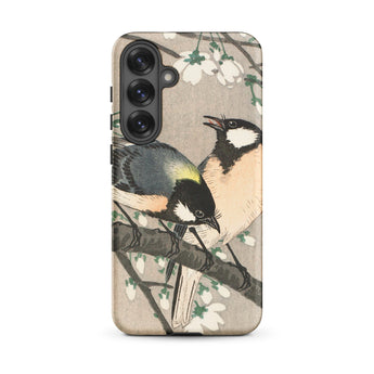 Tits on Cherry Branch - Ohara Koson Samsung Case, Galaxy S25 Plus / Matte, Smartphone Case Illustration Two Birds Branch White Blossoms