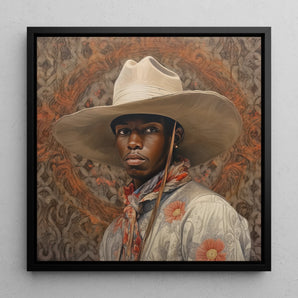 Titus - Dandy Gay Black Cowboy Framed Canvas, 12x12’’ / 31x31cm / Floating Frame, Portrait Young Black Man Wide-brimmed Cowboy Hat