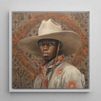 Titus - Dandy Gay Black Cowboy Framed Canvas, 12x12’’ / 31x31cm / White Floating Frame, Framed Portrait Man Cowboy Hat