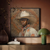 Titus - Dandy Gay Black Cowboy Framed Canvas, Framed Portrait Person White Cowboy Hat Floral-patterned Shirt