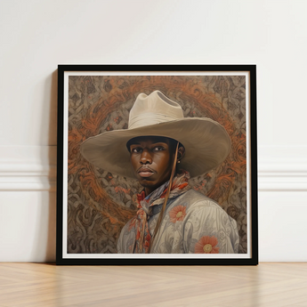 Framed Portrait Man Wide-brimmed Beige Cowboy Hat Light-colored Gay, Spirit’s Queer, Elegant Outlaw’s