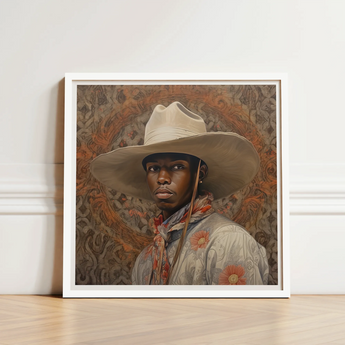 Framed Portrait Man Wide-brimmed Beige Cowboy Hat Light-colored Gay, Spirit’s Queer, Elegant Outlaw’s