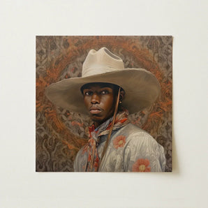 Titus - Gay Black Dandy Cowboy Art Print / Canvas Detailed Oil Painting Man Wide-brimmed Off-white Cowboy Hat Gay Cowboy, Spirit’s Queer,