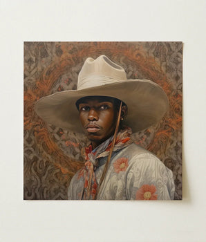 Detailed Oil Painting Man Wide-brimmed Off-white Cowboy Hat Gay, Spirit’s Queer, Elegant Outlaw’s