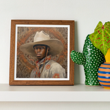 Titus - Gay Black Dandy Cowboy Art Print, Framed Portrait Artwork Beige Cowboy Hat Light-colored Shirt
