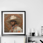 Titus - Gay Black Dandy Cowboy Art Print, Framed Portrait Artwork Person Light-colored Cowboy Hat Bandana