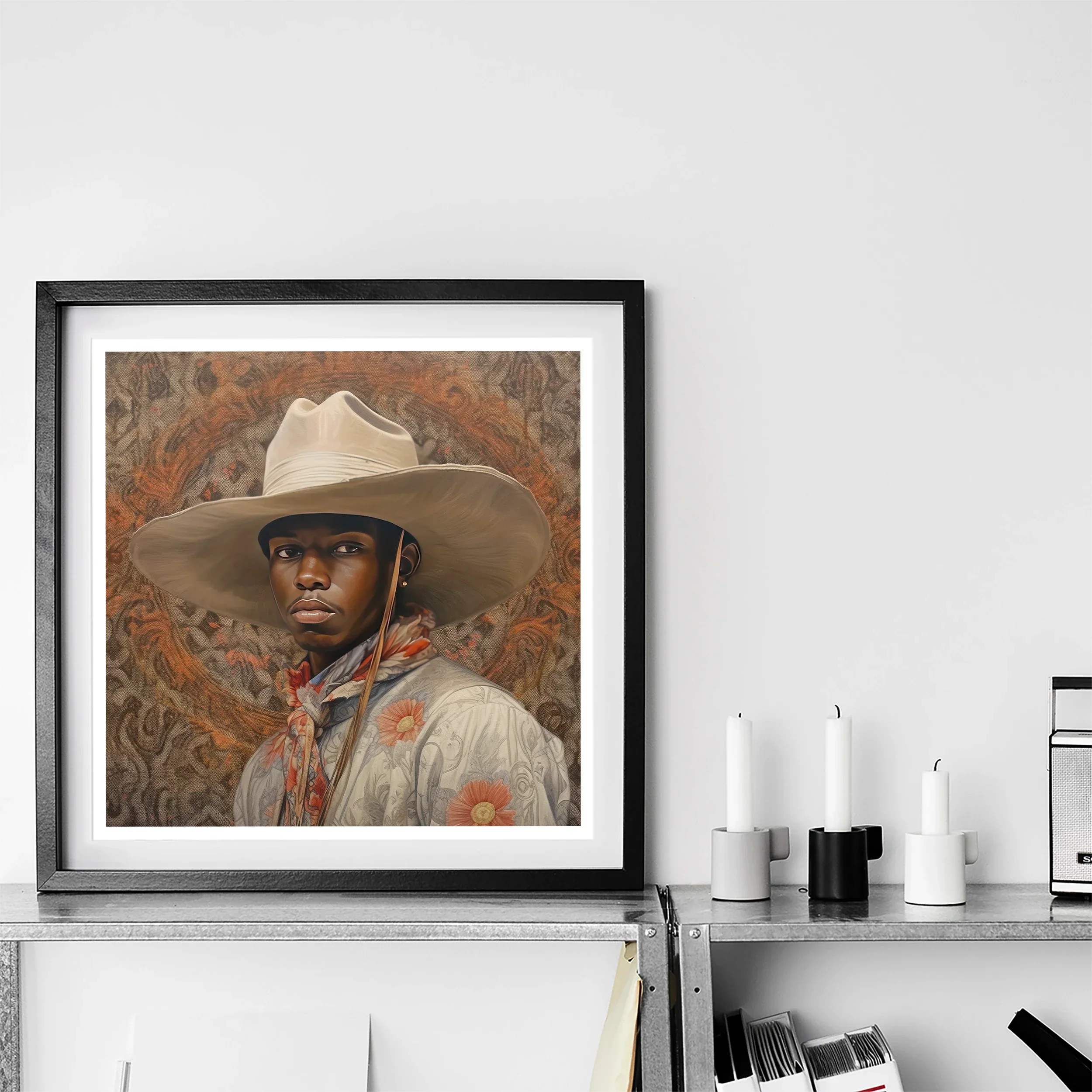 Titus - Gay Black Dandy Cowboy Art Print, Framed Portrait Artwork Person Light-colored Cowboy Hat Bandana