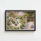 Black-framed Watercolor Painting Figures Lush Green Riverside John Singer Sargent, Tommies Bathing, Sargent’s Evocative