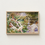 Watercolor Painting Light Wood Frame Depicts Figures Riverbank John Singer Sargent, Tommies Bathing, Sargent’s Evocative