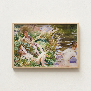 Watercolor Painting Light Wood Frame Depicts Figures Riverbank John Singer Sargent, Tommies Bathing, Sargent’s Evocative