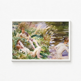 Watercolor Painting White Frame Figures Water Amidst Tall John Singer Sargent, Tommies Bathing, Sargent’s Evocative