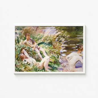 Watercolor Painting White Frame Figures Water Amidst Tall John Singer Sargent, Tommies Bathing, Sargent’s Evocative