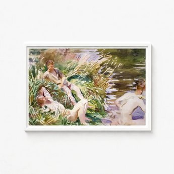 Framed Watercolor Painting Figures Natural Rendered Soft Greens John Singer Sargent, Tommies Bathing, Sargent’s Evocative