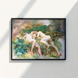 Framed Watercolor Painting Two Nude Figures Lush Green John Singer Sargent, Tommies Bathing, Art