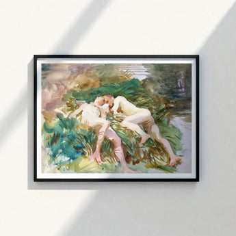 Framed Watercolor Painting Two Nude Figures Lush Green John Singer Sargent, Tommies Bathing, Art