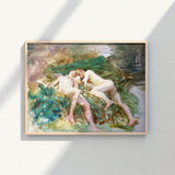 Framed Watercolor Painting Two Nude Figures Lush Green John Singer Sargent, Tommies Bathing, Art
