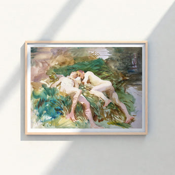 Watercolor Painting Light Wood Frame Two Nude Figures John Singer Sargent, Tommies Bathing, Art