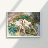 Framed Watercolor Painting Two Nude Figures Lush Green John Singer Sargent, Tommies Bathing, Art