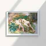 Framed Watercolor Painting Two Nude Figures Lush Green John Singer Sargent, Tommies Bathing, Art