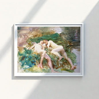 Framed Watercolor Painting Two Nude Figures Lush Green John Singer Sargent, Tommies Bathing, Art