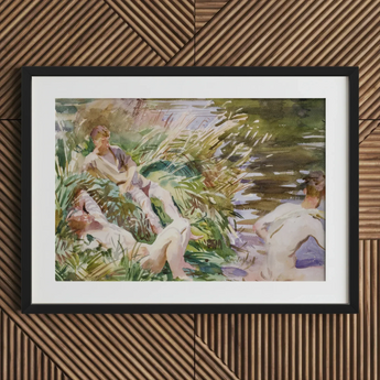 Tommies Bathing - John Singer Sargent Art Print / Canvas Black-framed Watercolor Painting Figures Natural White Wooden Slat John Singer