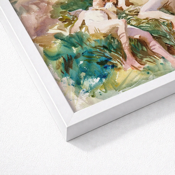 Watercolor Painting Nude Figures Lush Green Landscape Framed John Singer Sargent, Tommies Bathing, Art