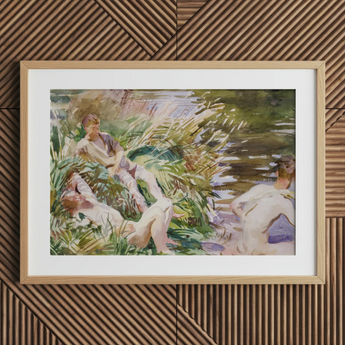 Tommies Bathing - John Singer Sargent Art Print / Canvas Watercolor Painting Light Wood Frame Figures Greenery Water John Singer Sargent,